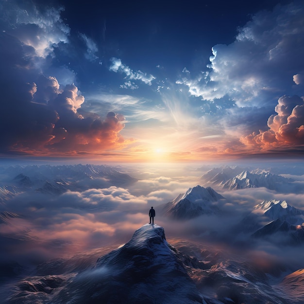 Человек на вершине заснеженной горы, идущий через облака.