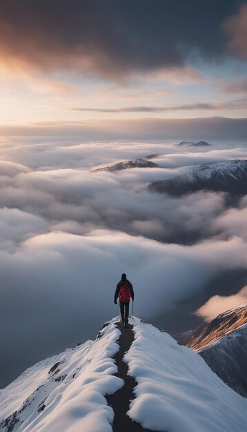 Foto uomo in cima alla montagna innevata