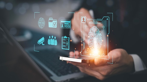 man touch fingerprint with virtual global with cyber security login user identification information security and encryption secure access to users personal information secure internet access
