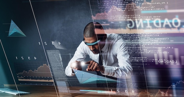 man touch and vr with overlay in office for software programming website update and coding server person programmer and virtual reality with python script problem solving and system information