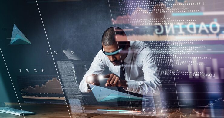 Photo man touch and vr with overlay in office for software programming website update and coding server person programmer and virtual reality with python script problem solving and system information