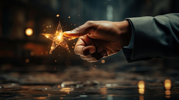 A man touches an abstract glowing magic star with his hand the concept of getting a star