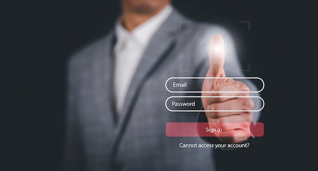 Photo man touching fingerprint with virtual global with cyber security login user identification information security and encryption secure access to users personal information secure internet access
