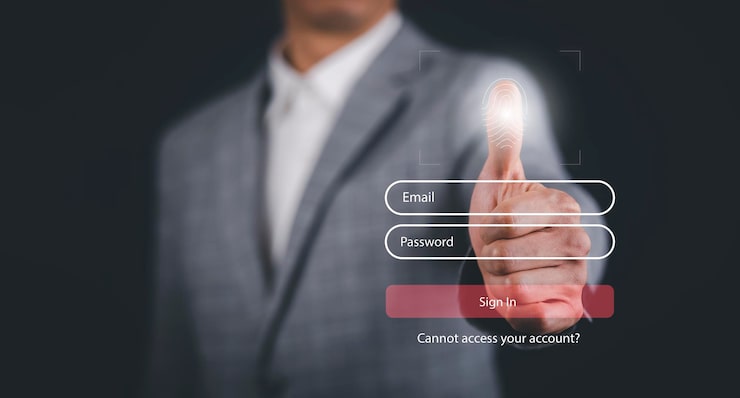 Photo 觸摸人指紋與虛擬全球與網絡安全登入用戶識別信息安全和加密安全存取用戶個人信息安全互聯網存取