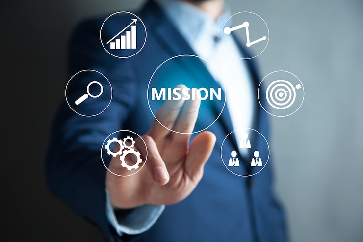 Photo man touching mission text in screen