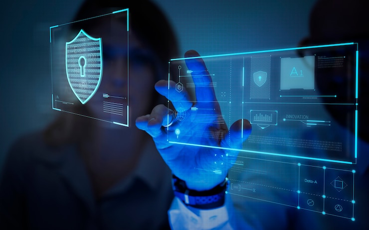 Photo man touching a screen generating data