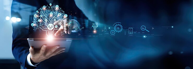 Photo man touching structure of business technology on data network to adapt implement