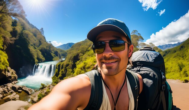 Foto un turista di fronte alla cascata