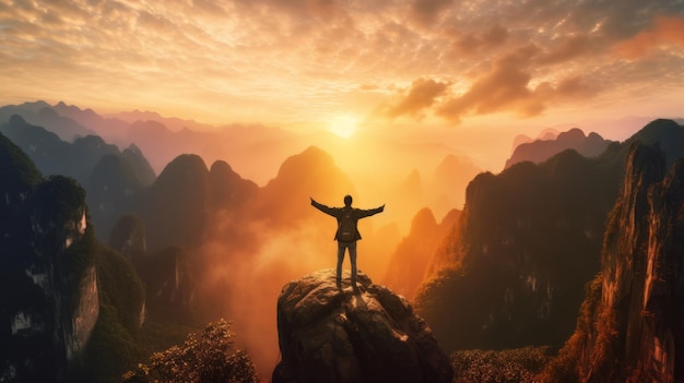 Стоит мужчина-туристПосле успешного покорения вершины горы Чжанцзяцзе