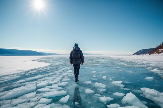 写真 バイカル湖の氷の上を歩く男性観光客 バイカル湖の冬の風景 シベリア ロシア 青い透明な裂け氷と青い空