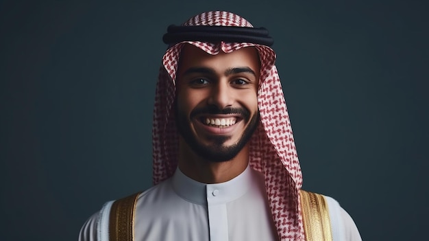 A man in traditional arabic clothing smiles for the camera.