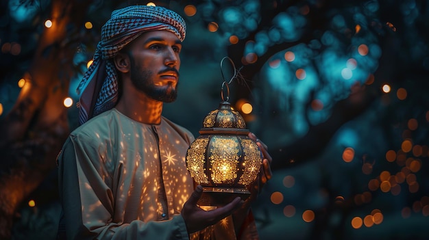 A man in traditional attire holding a lantern