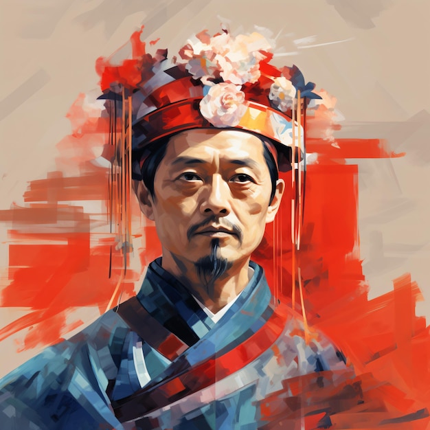 Photo a man in a traditional chinese dress with a flower on his head