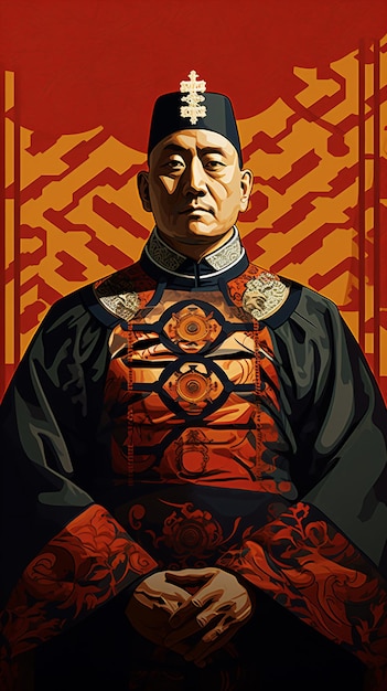 a man in a traditional chinese dress with a red background