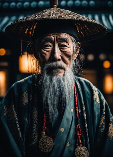 a man in a traditional costume stands in a dark room