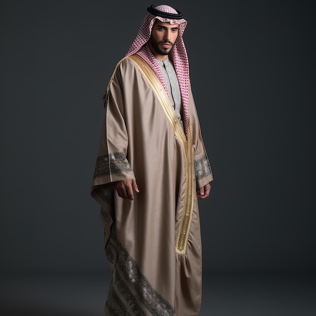 A man in a traditional dress stands in a studio.