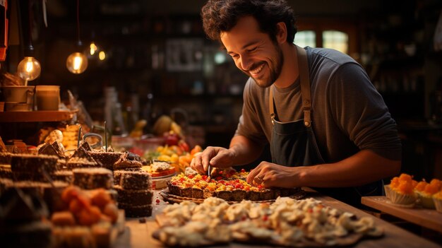 man in traditional dress with pastries