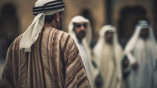 A man in a traditional outfit stands in a courtyard with other men.