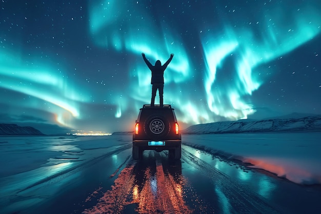 写真 冬の北極光の星空を背景に男の旅行者がsuvの屋根の上に立っています