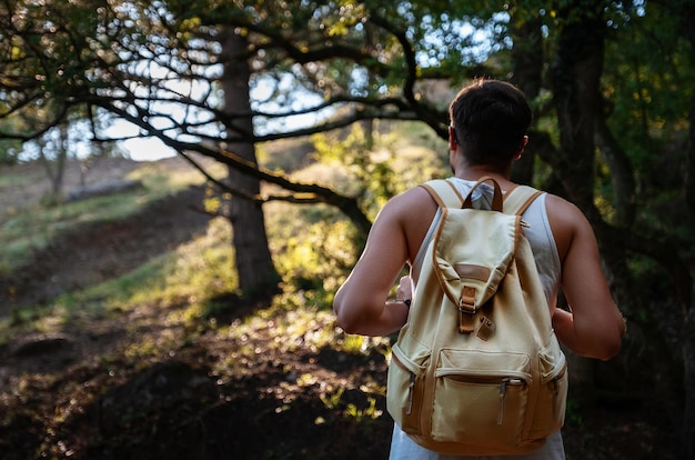 Man Traveler with backpack hiking outdoor in summer sunset forest
