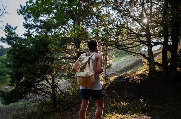 Man Traveler with backpack hiking outdoor in summer sunset forest