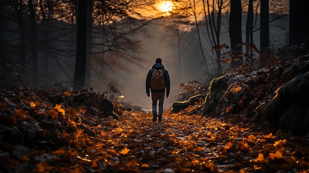 A man travels through an autumn forest