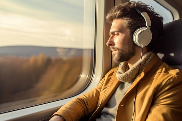 A man travels on a train with spacious window views ai