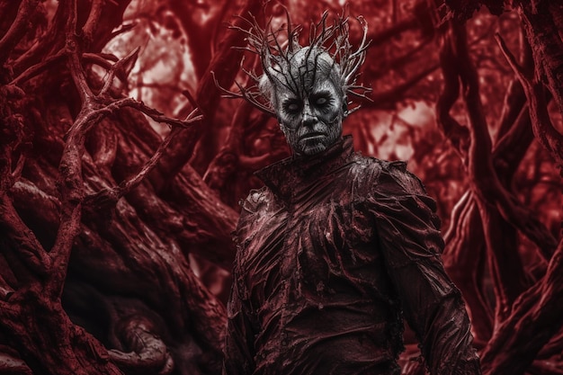 A man in a tree crown stands in front of a red background with trees and the words'game of thrones'on it
