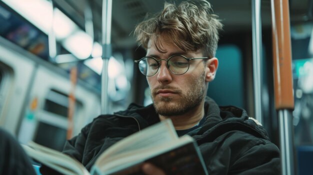 Foto man trein en lezen met boek voor kennis verhaal of literatuur in de reis naar het metrostation jonge