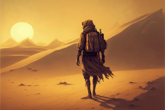 Man trekking across sandy wilderness Fantasy concept Illustration painting Generative AI