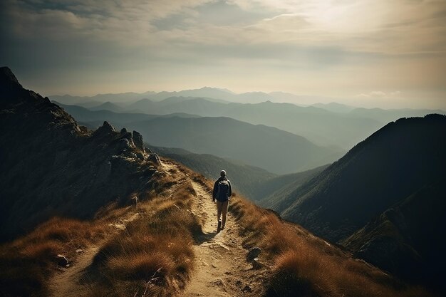 Man trekking on mountain Majestic hill view