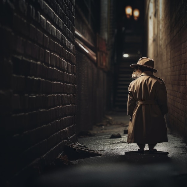 A man in a trench coat and hat walking down a dark alleyway Generative AI image