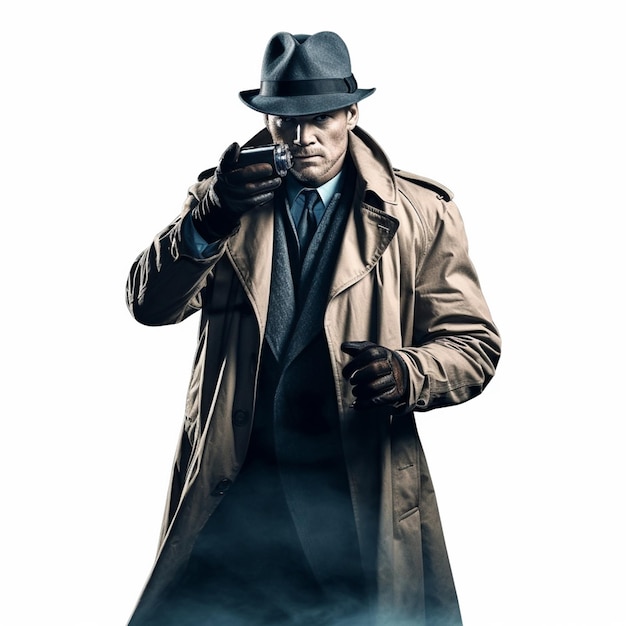 A man in a trench coat and hat with a gun