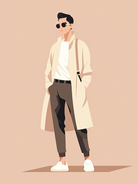 A man in a trench coat and sunglasses is standing in a brown background.