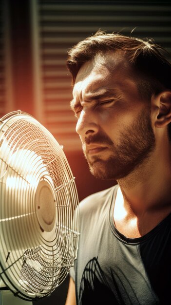 man tries to escape the heat with a fan