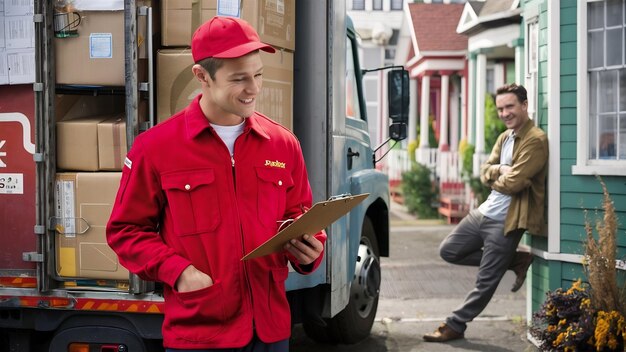 Photo man in the truck guy in a delivery uniform man with clipboard