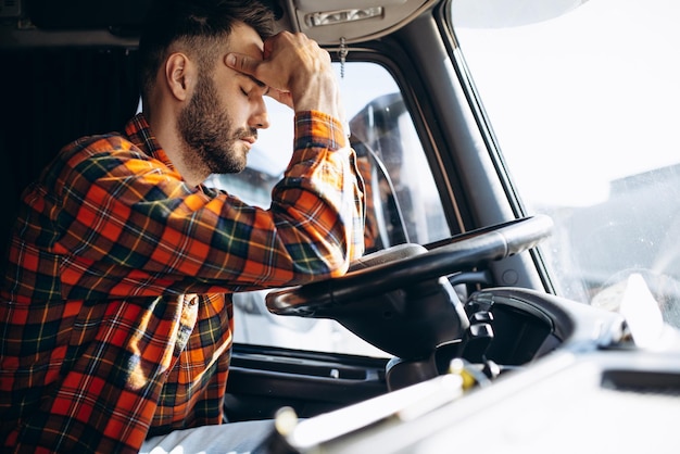 男のトラック運転手は、彼のトラックのキャビンでの運転に疲れました