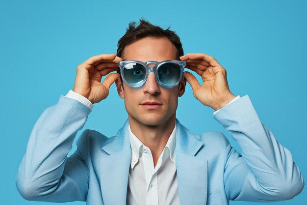 A man trying on some daring and different glasses all in blue tones