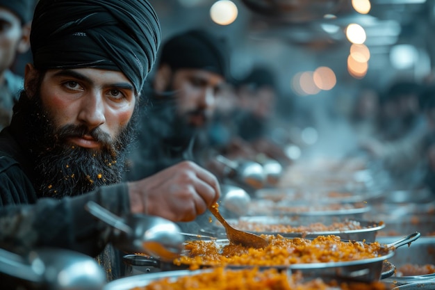 Photo man in turban eating food at sikh gurdwara