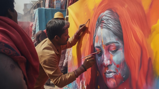 Man in Turban Painting on Wall Artist Creates Colorful Mural With Skill and Precision Holi