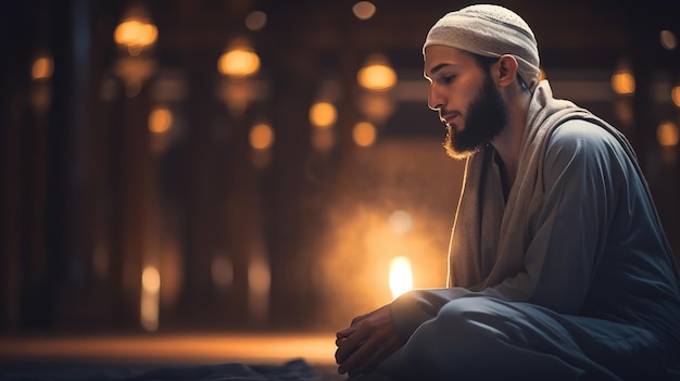 Man in Turban Sitting on Bed Traditional Headwear on Comfortable Furniture Ramandan