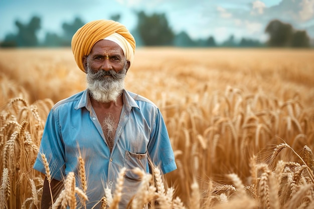 Man in Turban Standing in Wheat Field