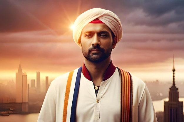 A man in a turban stands in front of a sunset background.