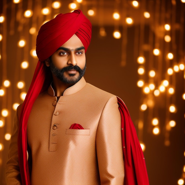 A man in a turban stands in front of yellow lights.