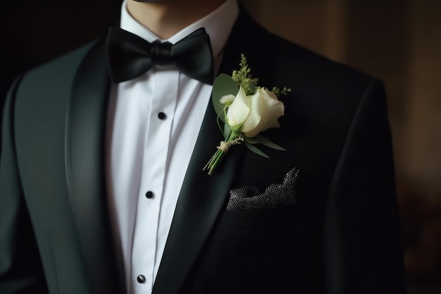 Photo man in tuxedo and bow tie groom in suit bow tie generative ai