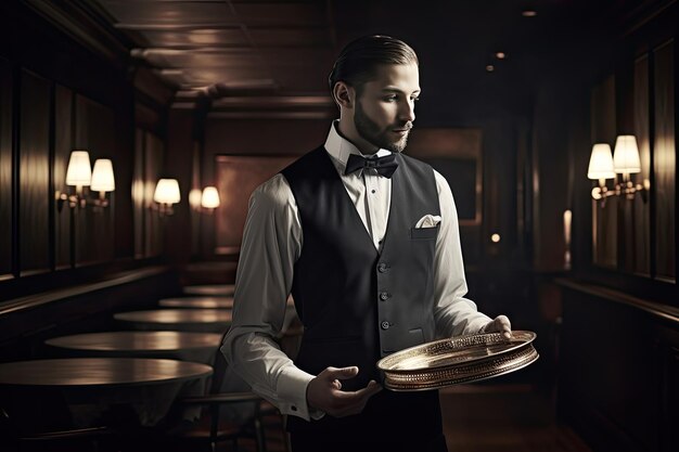 Photo a man in a tuxedo holding a tray generative ai