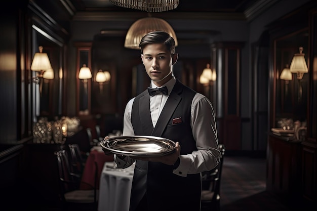 A man in a tuxedo holding a tray Generative Ai