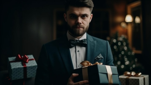 A man in a tuxedo holds a gift in his hands.