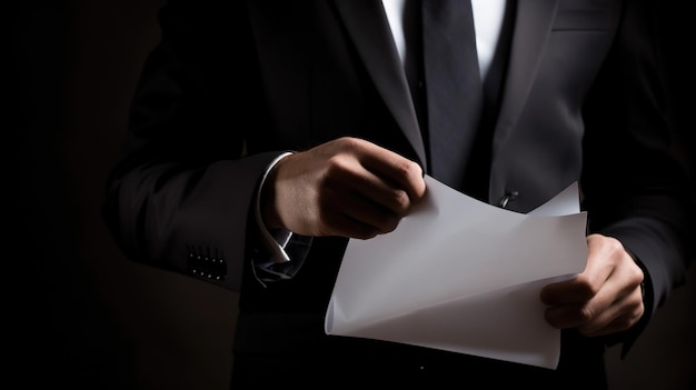 A man in a tuxedo holds a piece of paper in his hand.