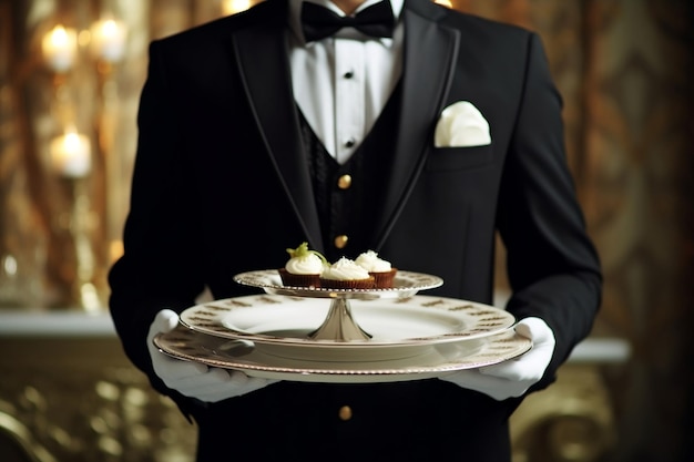 A man in a tuxedo holds a tray of desserts.